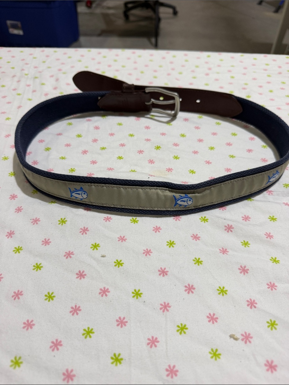Classic southern Tide Embroidered Fish Canvas Belt - Navy and Tan